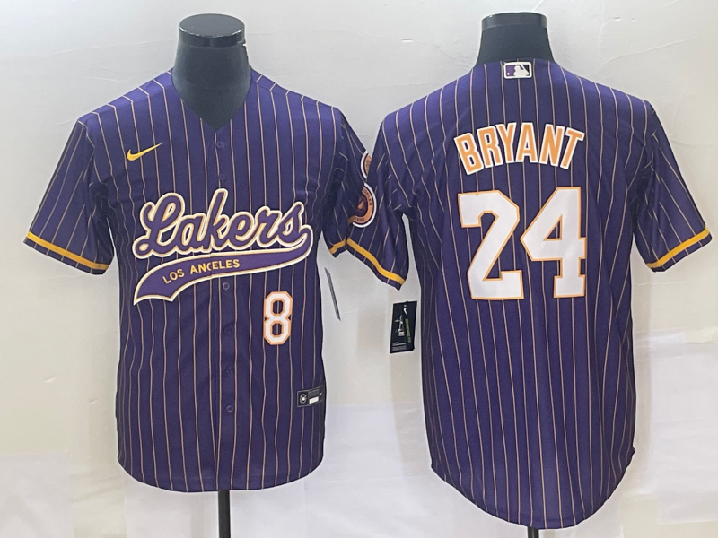 Men's Los Angeles Lakers Front #8 Back #24 Kobe Bryant Purple Cool Base With Patch Stitched Baseball Jersey